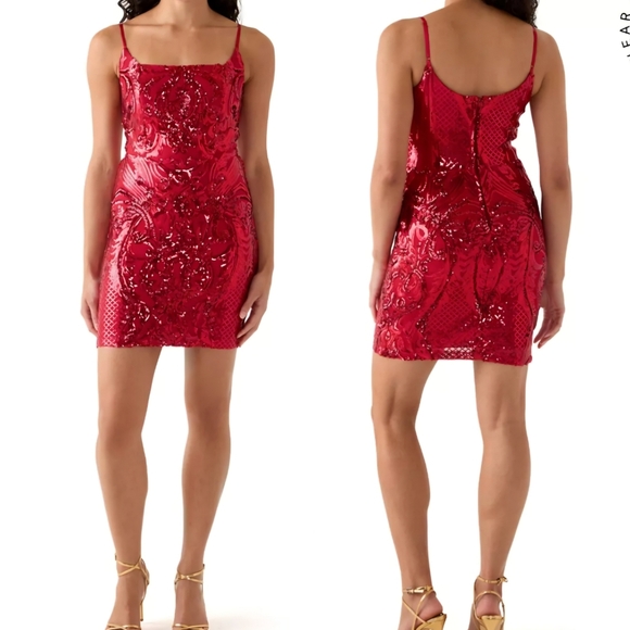 B Darlin Dresses & Skirts - B.Darlin Spaghetti Strap Square Neck Short Fitted Dress Small Red Sequin Bodycon
